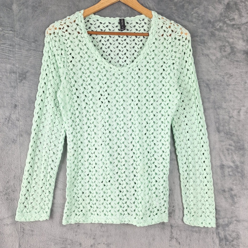 Womens Sweater Small Green Pullover Crochet Open Knit Sheer Boho Festival Fairy